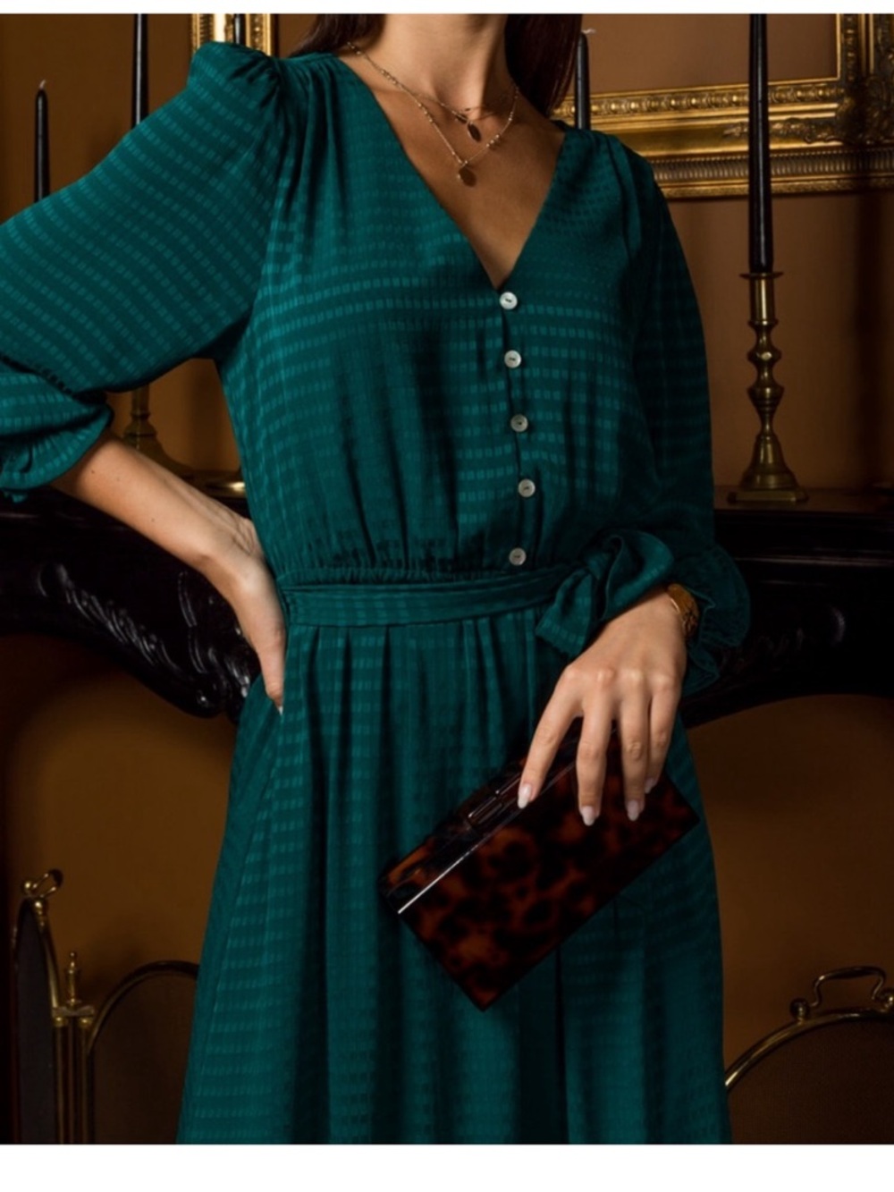 Gilli Teal Green V-Neck Button Midi Dress